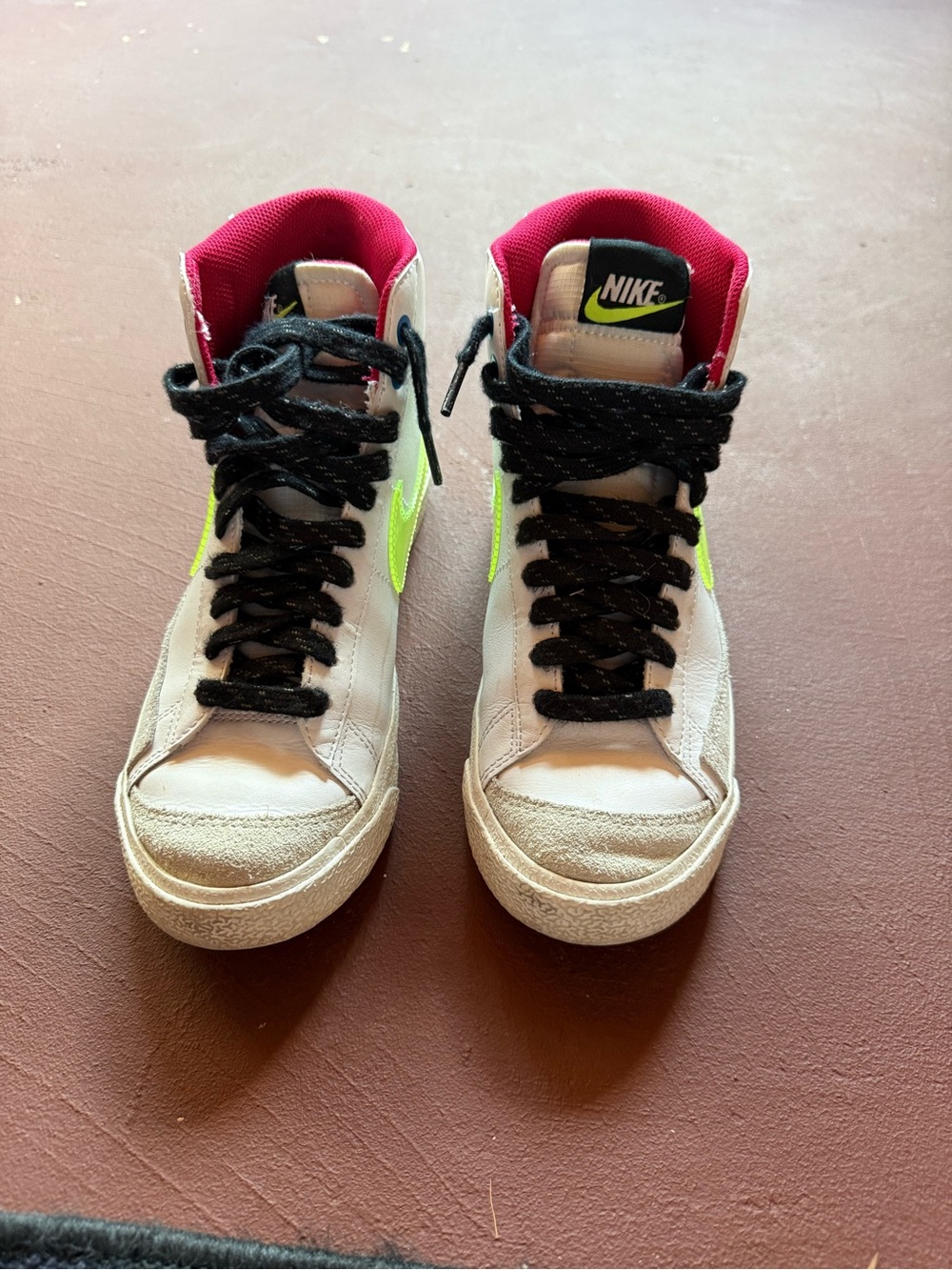 Nike White High-Top Sneakers with Neon Green Swoosh and Pink Lining